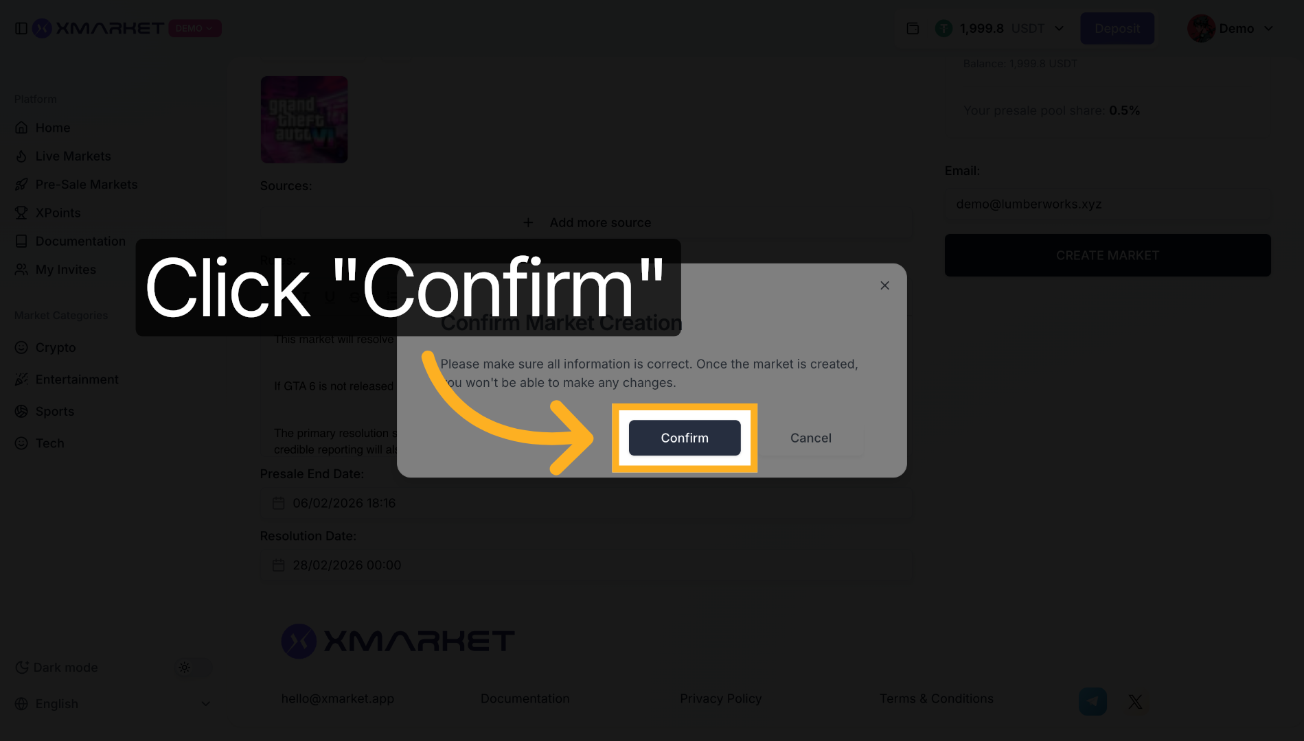 Newly created market page with Presale Live status